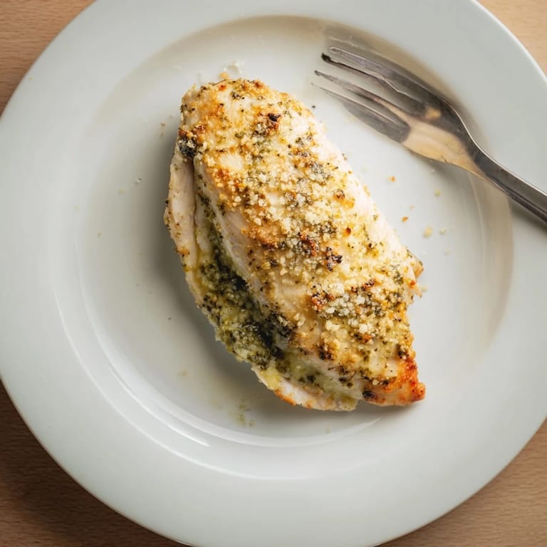 Sliced Mozzarella & Pesto Stuffed Chicken reveals a vibrant green pesto and creamy mozzarella center.