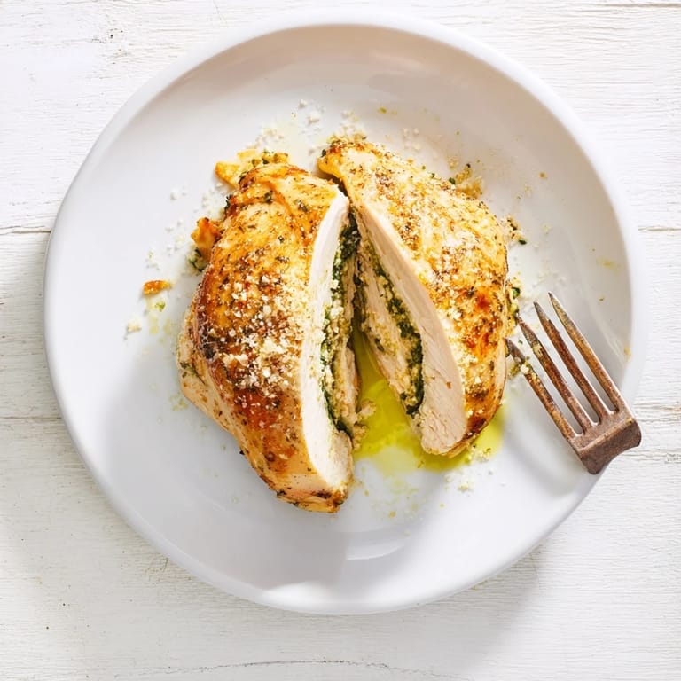 Juicy Mozzarella & Pesto Stuffed Chicken served beside roasted vegetables on a rustic white plate.
