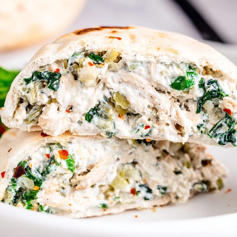Savory spinach artichoke chicken stuffed pitas, freshly baked and melted with mozzarella cheese.  