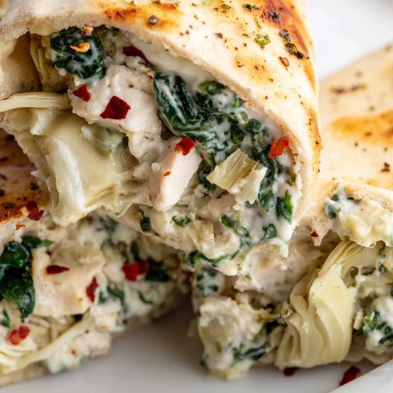 Stuffed pita halves with tender chicken, spinach, and artichoke filling, ready for a light meal.