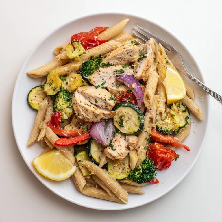 Serving suggestion for Garlic Herb Chicken & Veg Pasta, plated with a sprinkle of Parmesan and a lemon wedge on the side.