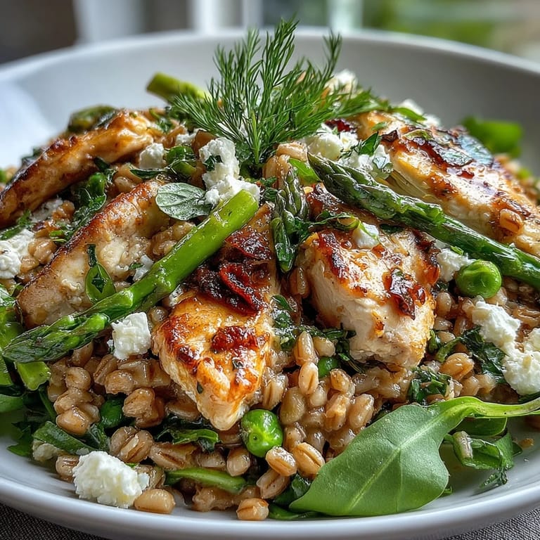 Warm Spring Farro Chicken Salad served in a white bowl, topped with crumbled feta and fresh herbs, perfect for a healthy spring lunch.