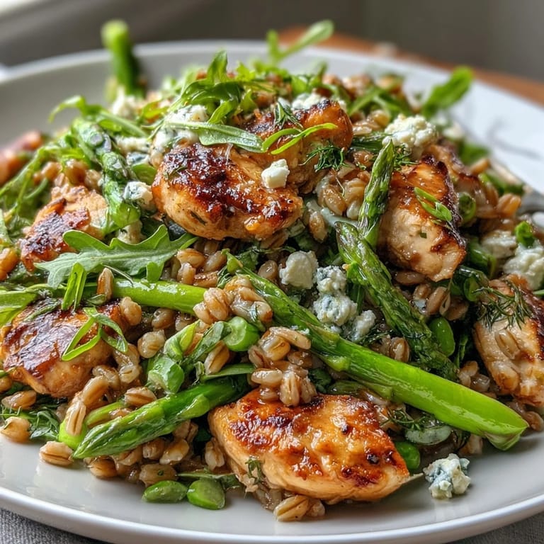 A vibrant bowl of Warm Spring Farro Chicken Salad features juicy chicken slices, crisp asparagus, and bright green peas tossed with a zesty lemon dressing.