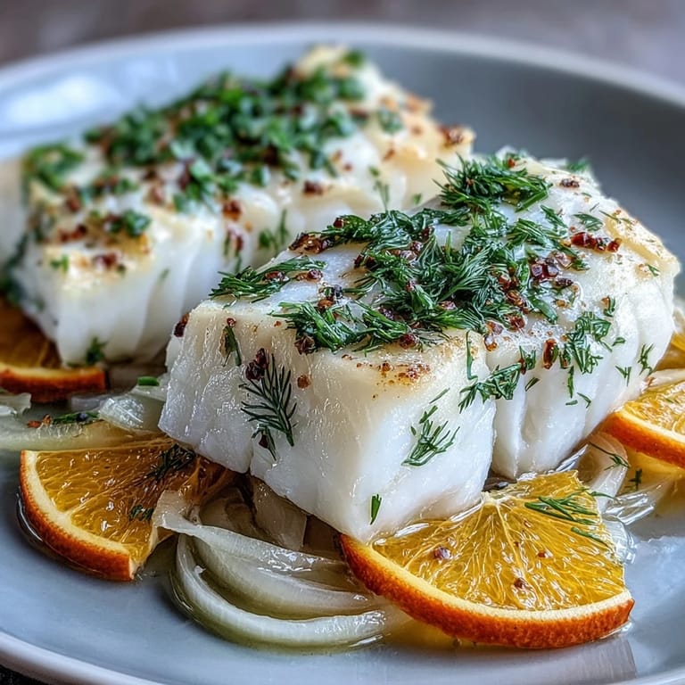 In a shallow white bowl, tender poached cod fillets rest in an aromatic broth with soft orange slices and sautéed fennel.