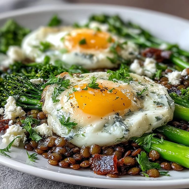 Hearty French Lentil Salad With Broccolini and Soft-Cooked Eggs served warm, showcasing tender lentils, crisp broccolini, and jammy eggs on a rustic platter.