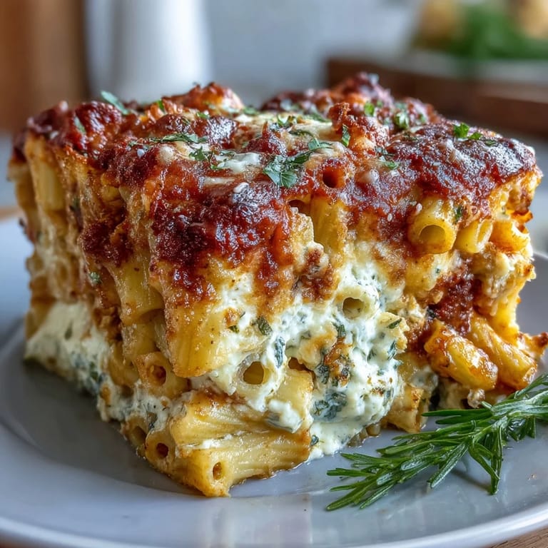 A glass freezer dish reveals a fully assembled baked ziti with layers of pasta, sauce, and cheese, ready to be frozen for later.