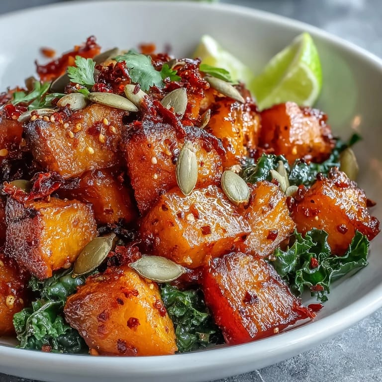 The vibrant orange roasted red kuri squash shines in this autumn bowl, topped with pumpkin seeds.