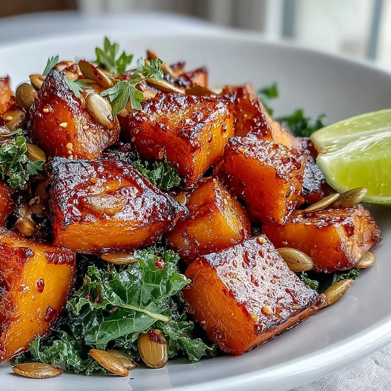 Colorful Sweet and Spicy Red Kuri Squash Bowl served with kale and lime wedges for brightness.