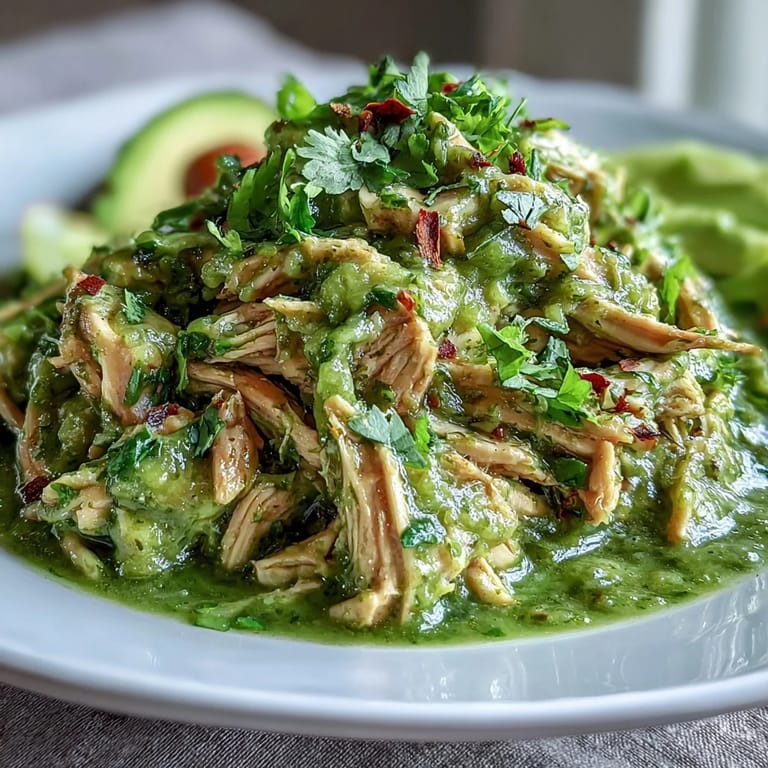 Golden seared chicken thighs nestled in the pot with a bright, tangy Chicken Chili Verde, garnished with creamy avocado and zesty lime wedges for serving.  