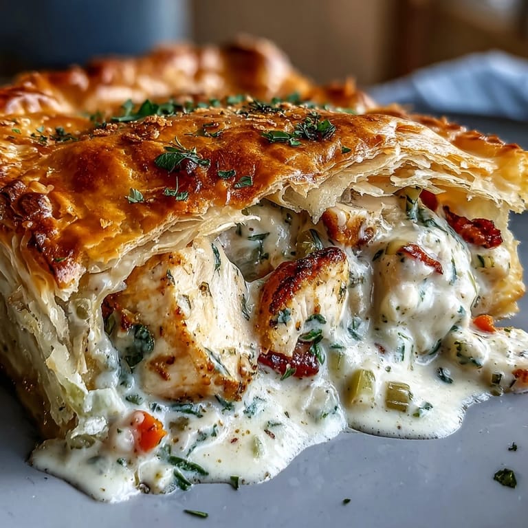 A slice of rustic Chicken and Leek Pie rests beside fresh thyme, revealing its rich, herb-scented filling.