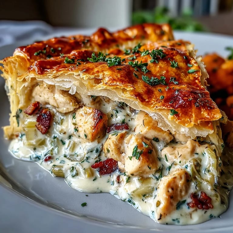 Freshly baked Chicken and Leek Pie sits on a wooden table with steaming golden crust and parsley garnish.