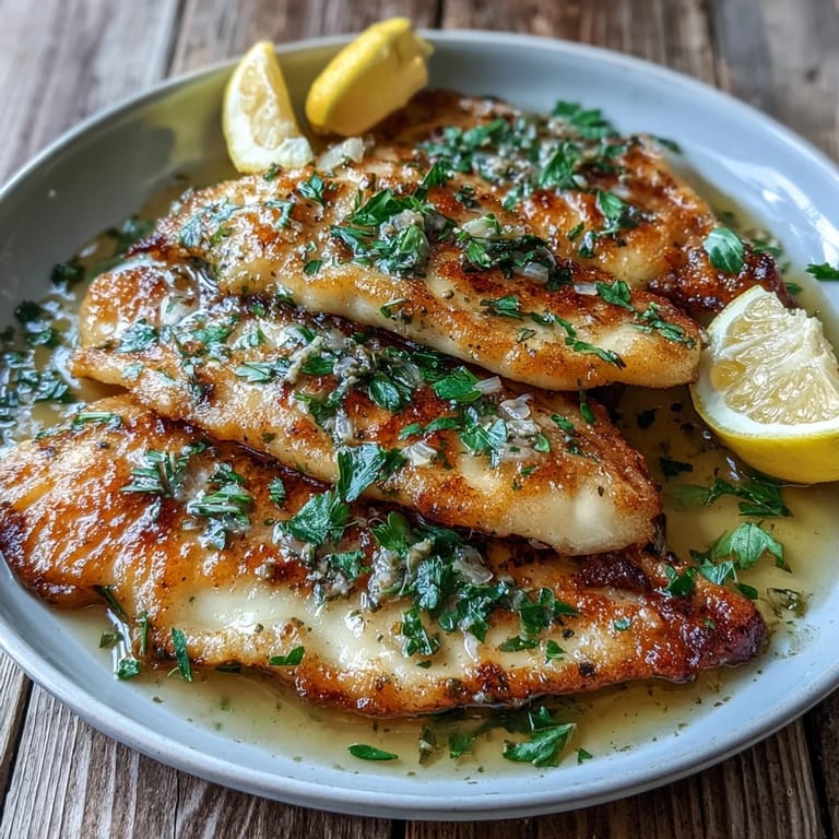 A plate of Flounder Meunière served with roasted potatoes and steamed green beans.