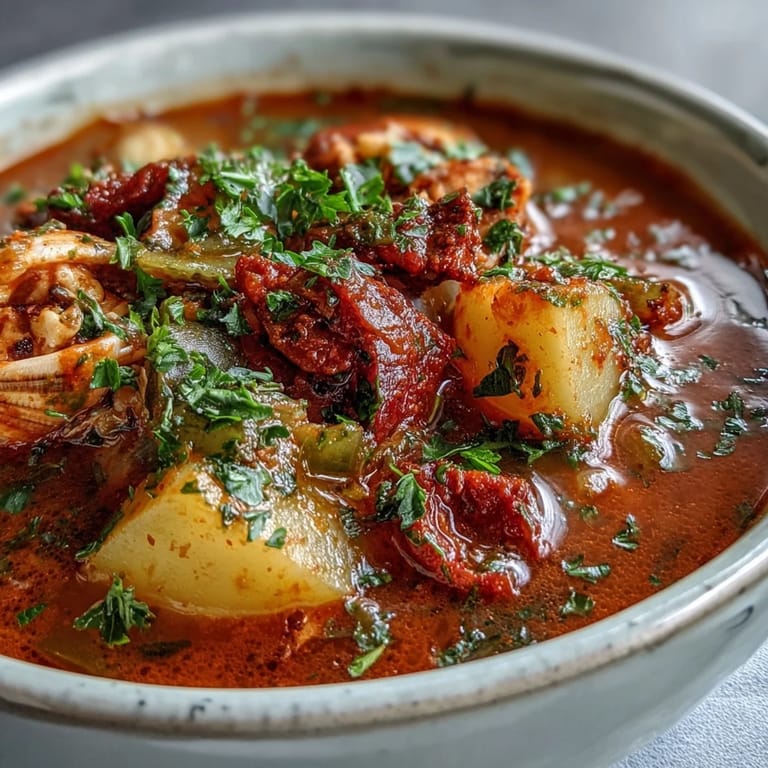 Bright red Manhattan Clam Chowder topped with fresh parsley, served hot with oyster crackers on the side.