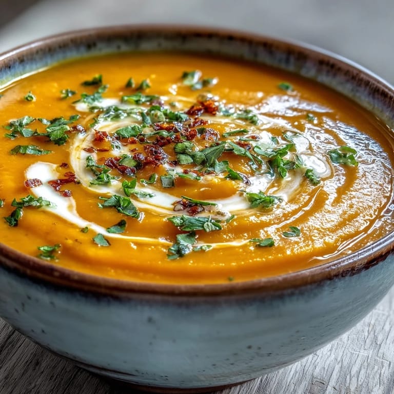 Freshly blended Carrot Ginger Soup with grated ginger and sliced carrots, vibrant orange and velvety smooth.