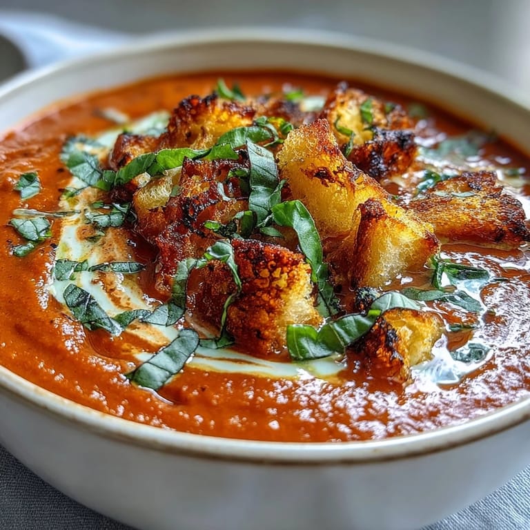A bowl of Creamy Roasted Tomato Soup topped with golden homemade croutons and fresh basil, ready to serve.