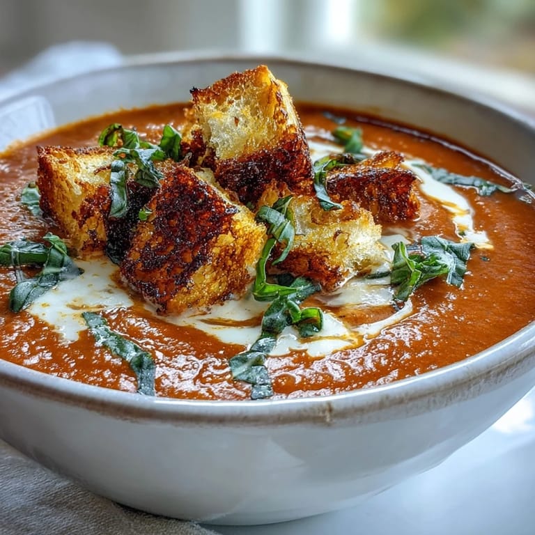 Close-up of Creamy Roasted Tomato Soup with vibrant red texture, fresh basil, and a drizzle of heavy cream.