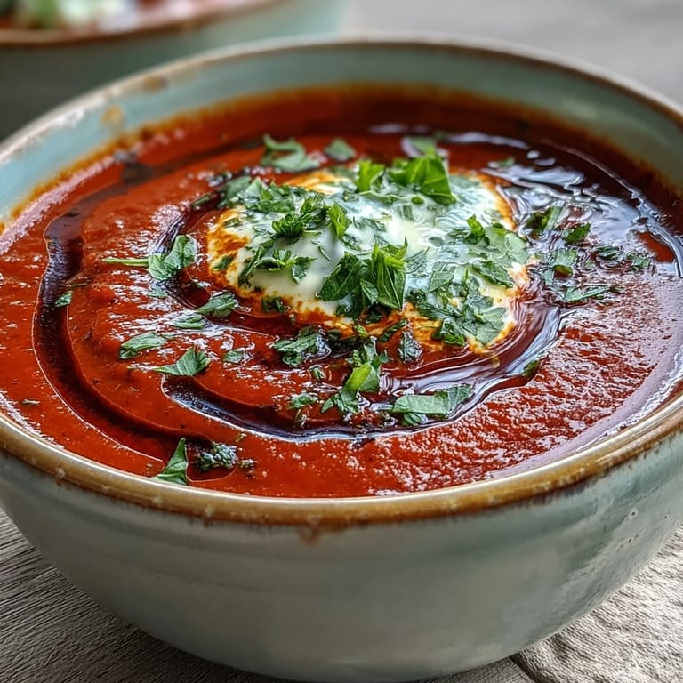 Roasted red pepper soup topped with Greek yogurt, fresh herbs, and a drizzle of olive oil in a white bowl.