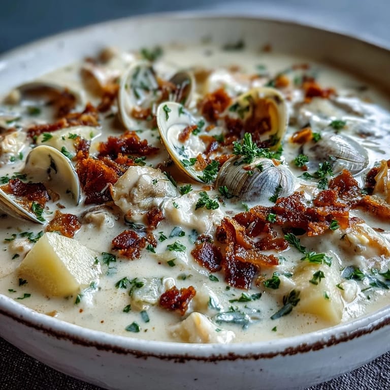 New England Clam Chowder served hot in a rustic bowl, loaded with diced potatoes, fresh clams, and crispy bacon pieces.