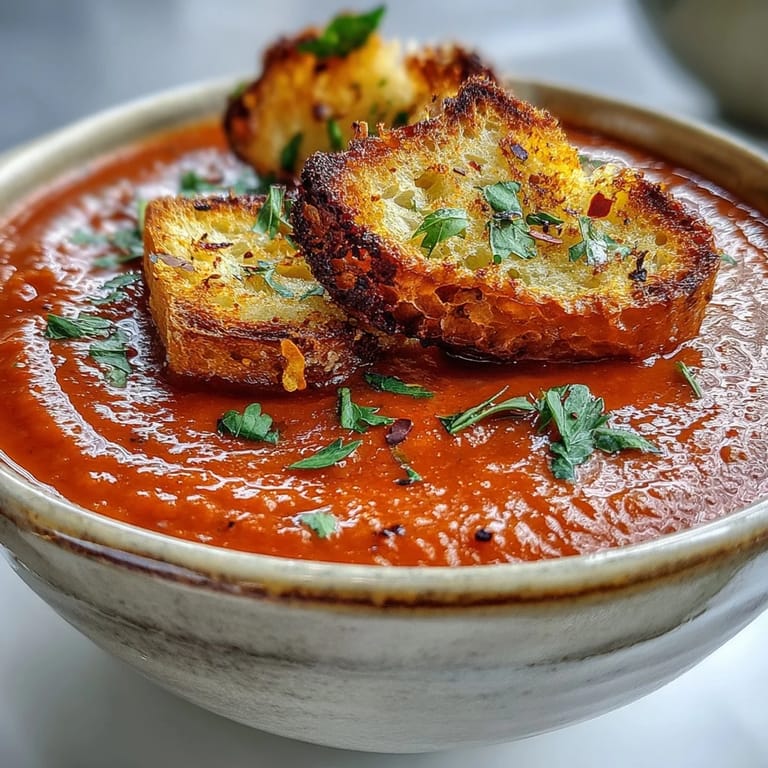 Roasted Red Pepper Soup served in a rustic bowl with homemade croutons.