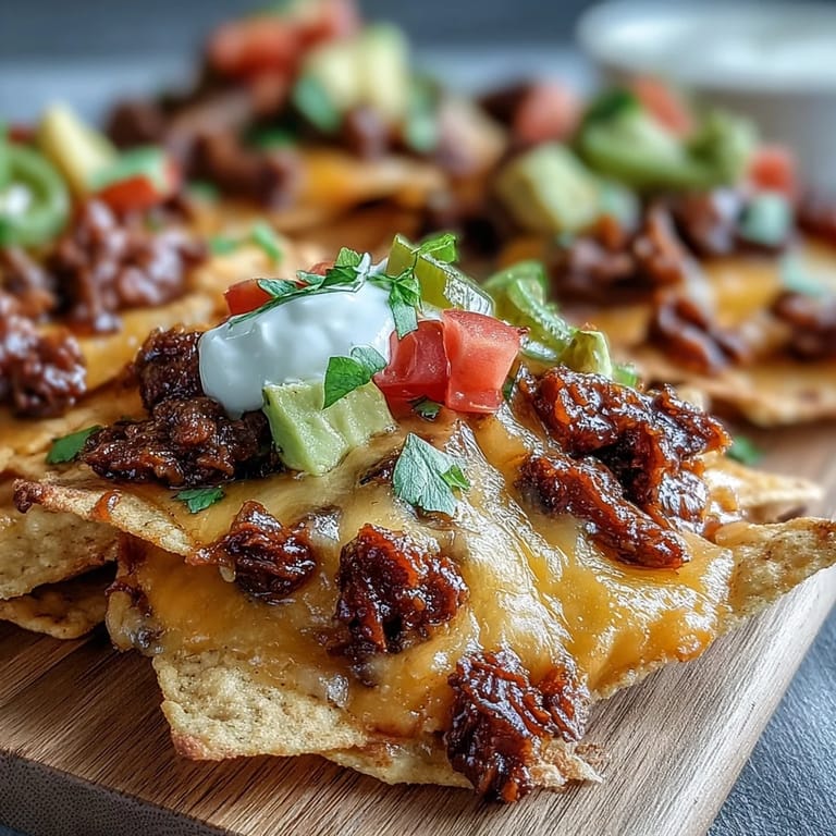 Golden, cheesy BBQ Beef Nachos garnished with fresh cilantro, diced tomatoes, and red onion, served on a platter.