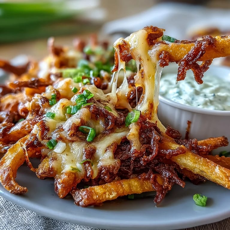 Loaded Cheesy BBQ Fries with Ranch Dip garnished with herbs, ready to serve with a side of creamy dip.