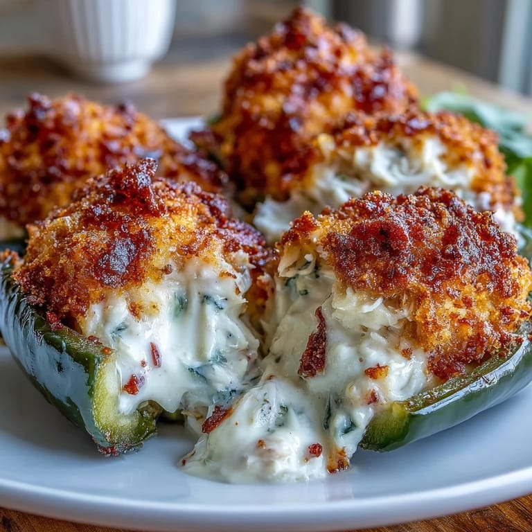 Spicy jalapeño halves filled with seasoned crab and cheddar, topped with crispy golden breadcrumbs.