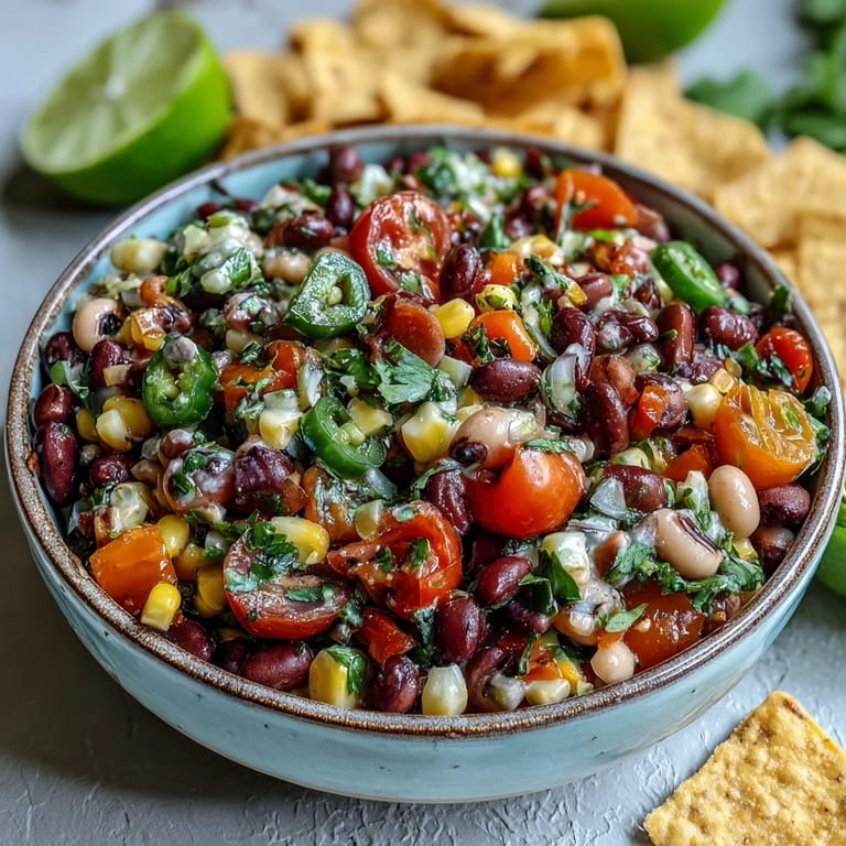 A vibrant bowl of Cowboy Caviar beside grilled chicken, illustrating a colorful Tex-Mex side salad for summer gatherings.