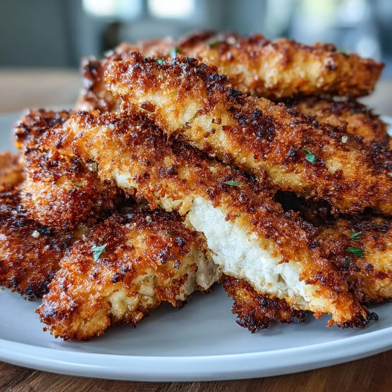 Homemade Air Fryer Chicken Strips served on a wooden board alongside creamy dipping sauce and fresh salad.