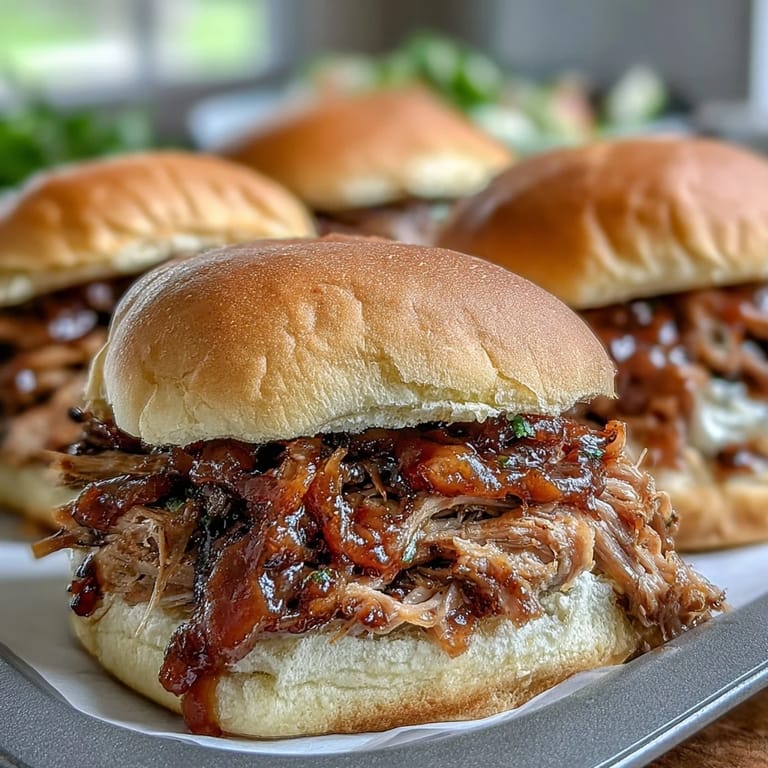 Fall-spiced Applesauce Pulled Pork Sandwiches piled high on a plate with apple cider glaze.
