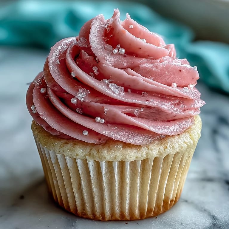 Close-up of a Pink Velvet Cupcake with a generous swirl of vanilla buttercream, ready to be served at a party.
