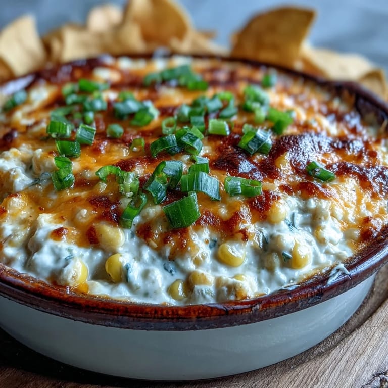 A white bowl filled with Crack Corn Dip garnished with fresh green onions, surrounded by crispy tortilla chips.