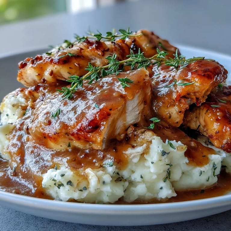 Tender Slow Cooker Honey Mustard Chicken resting in a rich, glossy sauce, garnished with fresh thyme alongside creamy mashed potatoes and roasted broccoli florets.