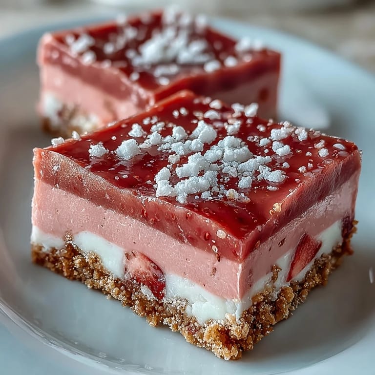 No-Bake Strawberry Fudge Squares are garnished with fresh strawberry slices on a white ceramic serving plate.