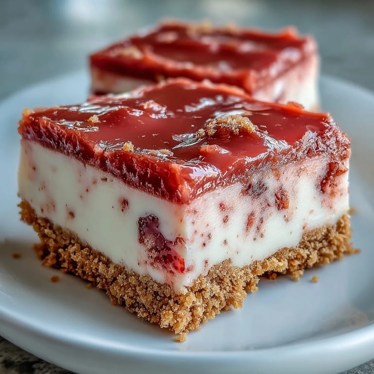 A close up of No-Bake Strawberry Fudge Squares reveals the smooth white chocolate and strawberry texture.