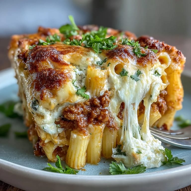 Tender pasta and rich beef tomato sauce layered with creamy cottage cheese in a savory casserole.