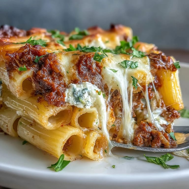Hearty Cottage Cheese Protein Pasta Bake with Ground Beef garnished with fresh parsley, ready to serve for dinner.