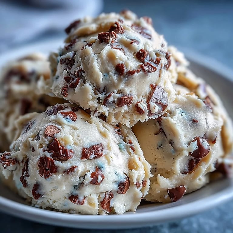 Freshly mixed Greek Yogurt Cookie Dough shows mini chocolate chips folded into a rich, edible batter for an easy dessert.