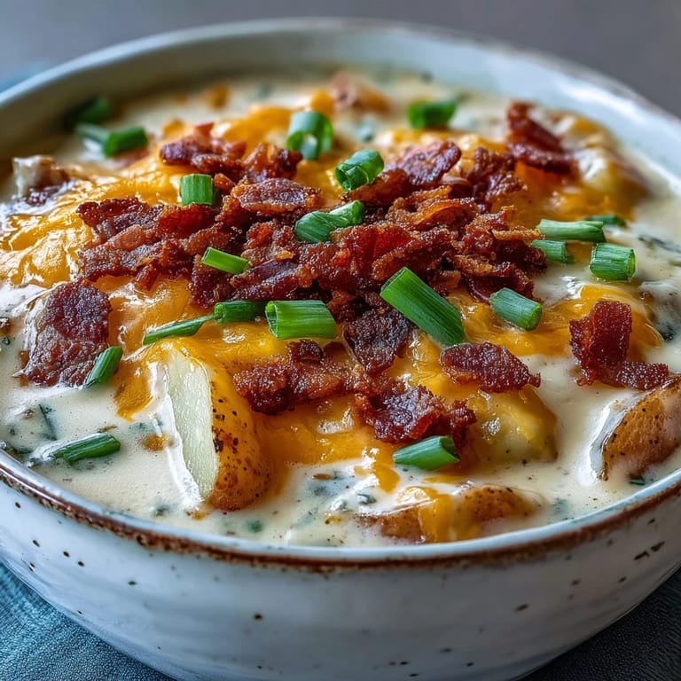 Spoon dipping into a bowl of Loaded Potato Soup, serving the velvety cheddar and bacon soup hot.