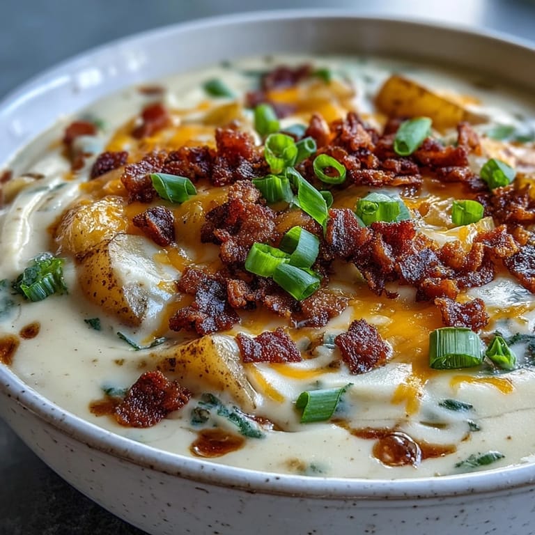 Close-up of Loaded Potato Soup garnished with extra cheese and scallions, perfect for a cozy American lunch.