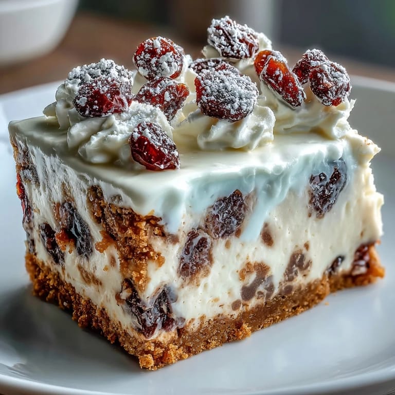 Sliced squares of Christmas Cheesecake Slab reveal spiced dried fruits and a crunchy digestive biscuit crust. 