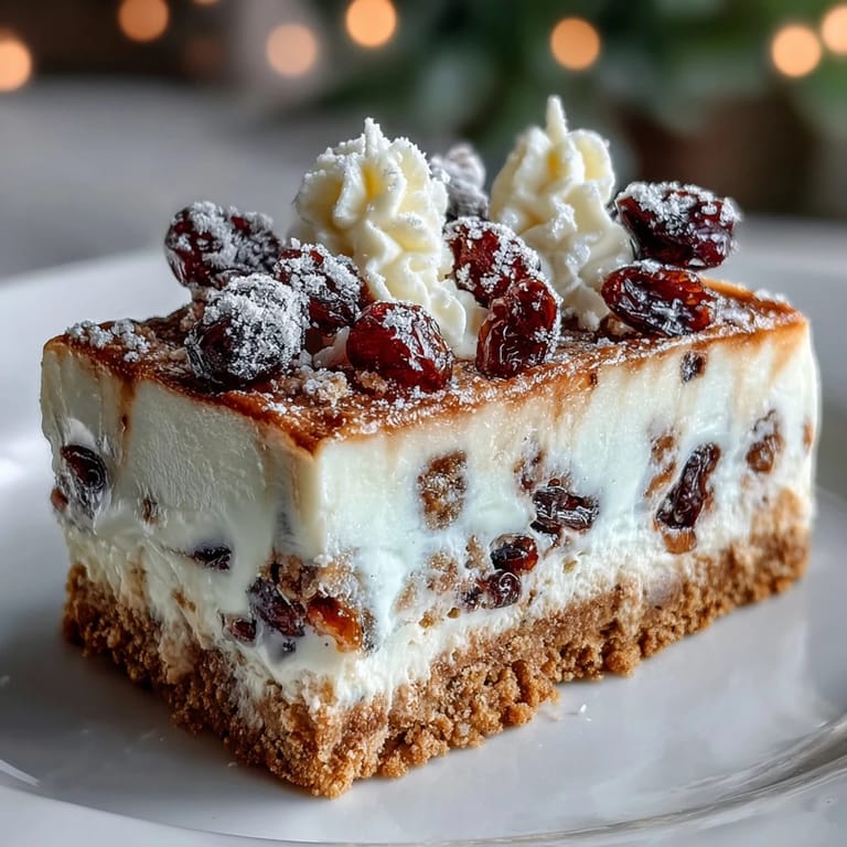 Golden-baked Christmas Cheesecake Slab squares topped with soft whipped cream, ready for festive holiday gatherings.