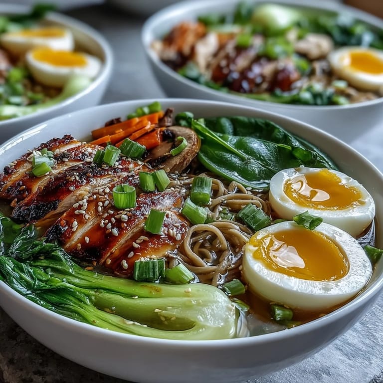 Bright crisp bok choy and sesame seeds garnish this warm umami-rich Asian fusion noodle bowl.