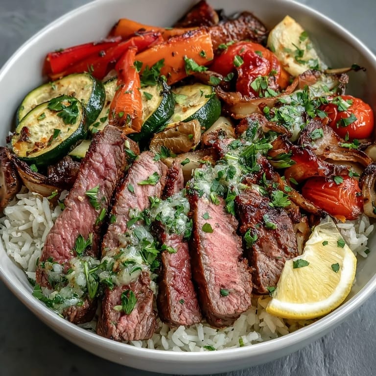 Sliced steak, bell peppers, and zucchini roasted with fresh herbs for a delicious Sheet Pan Steak and Veggie Bowl served with rice.