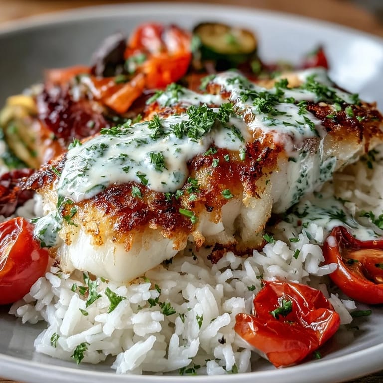 Savory Pan-Seared Fish Bowl featuring tender white fish, aromatic rice, and colorful roasted veggies, ready to be served.