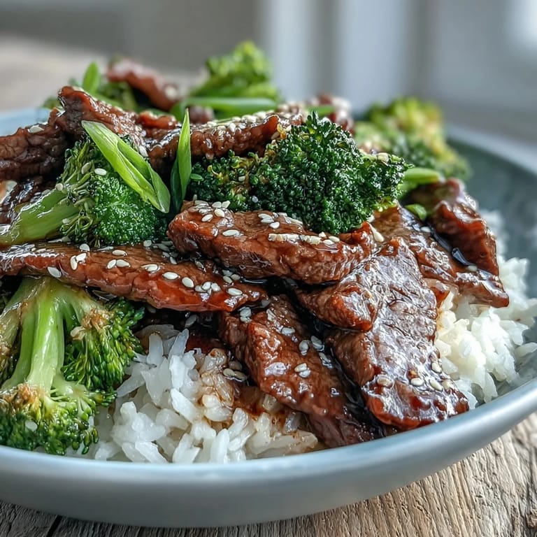 Beef and Broccoli Bowl garnished with sesame seeds served steaming in a white bowl.