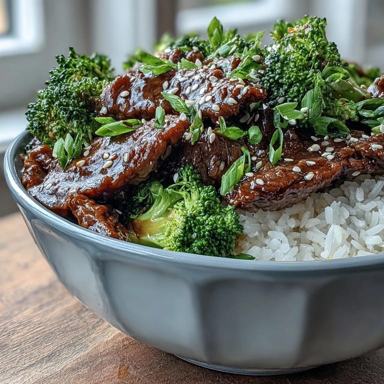 American style Beef and Broccoli Bowl plated with fluffy rice and drizzled with savory soy-ginger sauce.