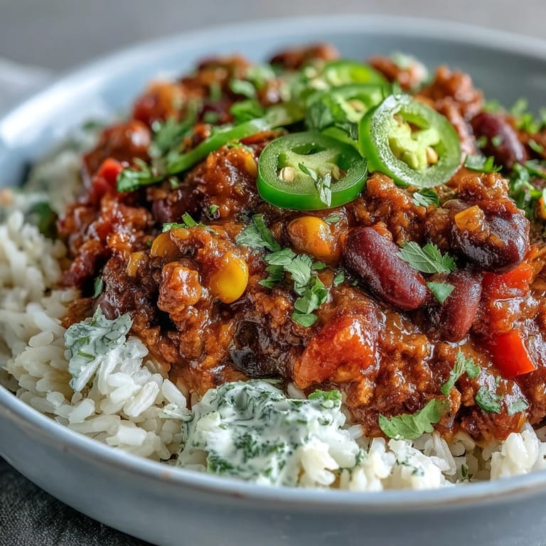 Spicy Chili Bowl Base simmered with beans and corn, served over fluffy white rice.
