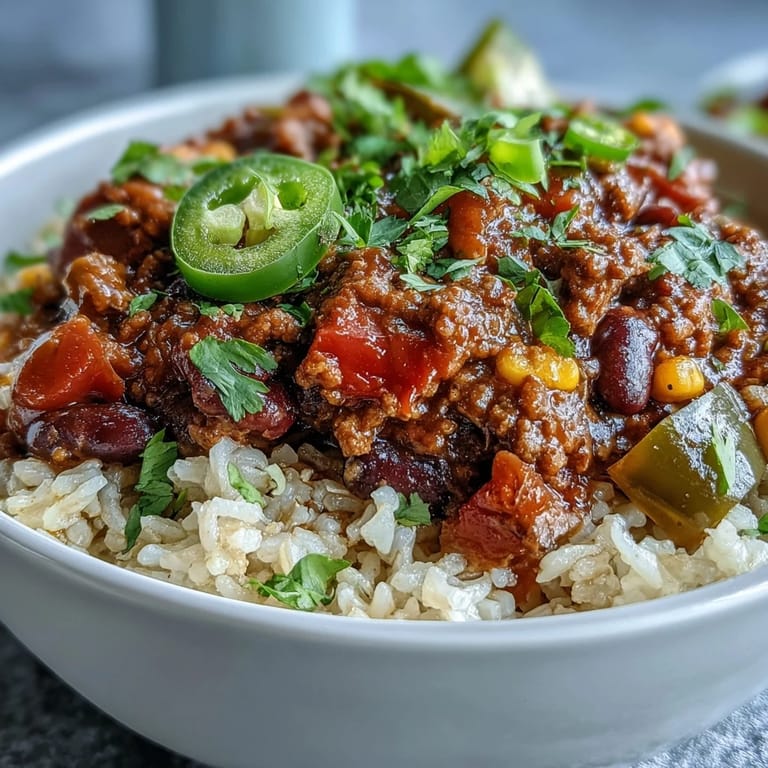 Cozy Chili Bowl Base topped with creamy avocado, sour cream, and vibrant green onions.