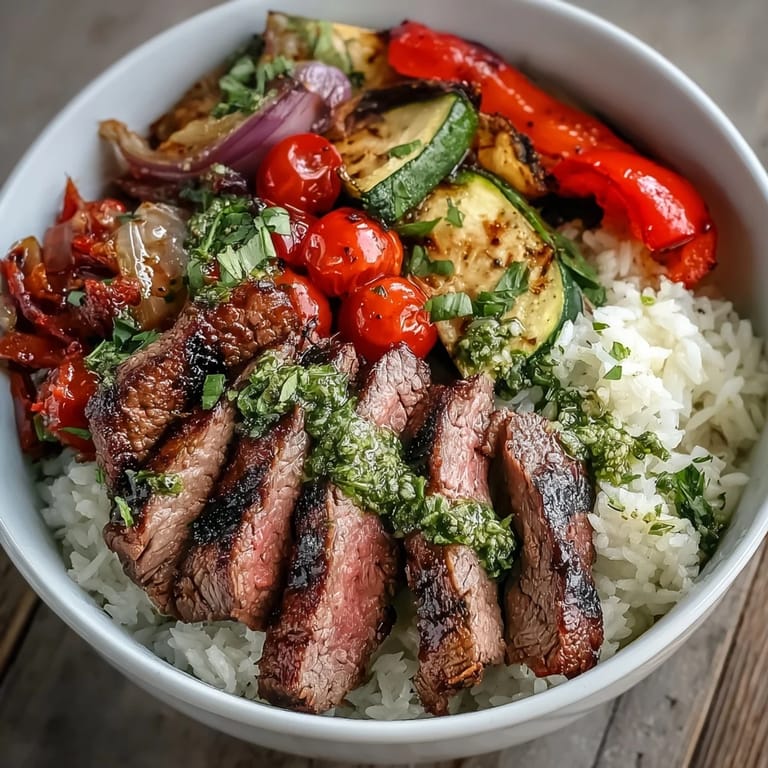 Sliced steak layered over steamed rice with roasted cherry tomatoes and onions, finished with vibrant chimichurri sauce.