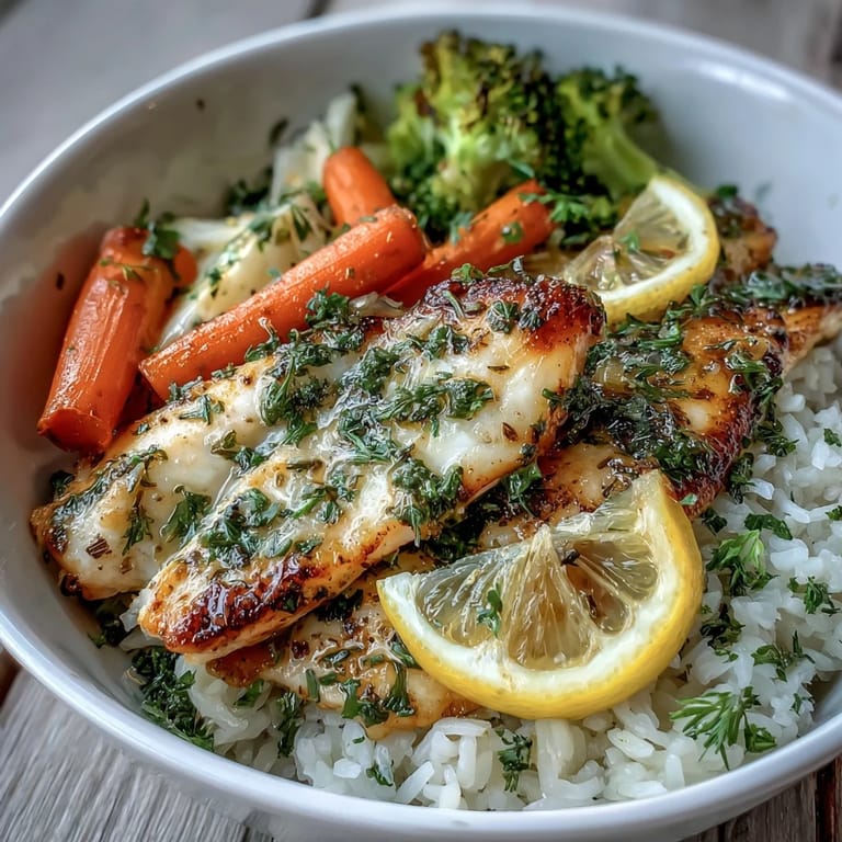 Tilapia Bowl topped with crisp-tender green broccoli and bright orange carrot slices, fork ready.